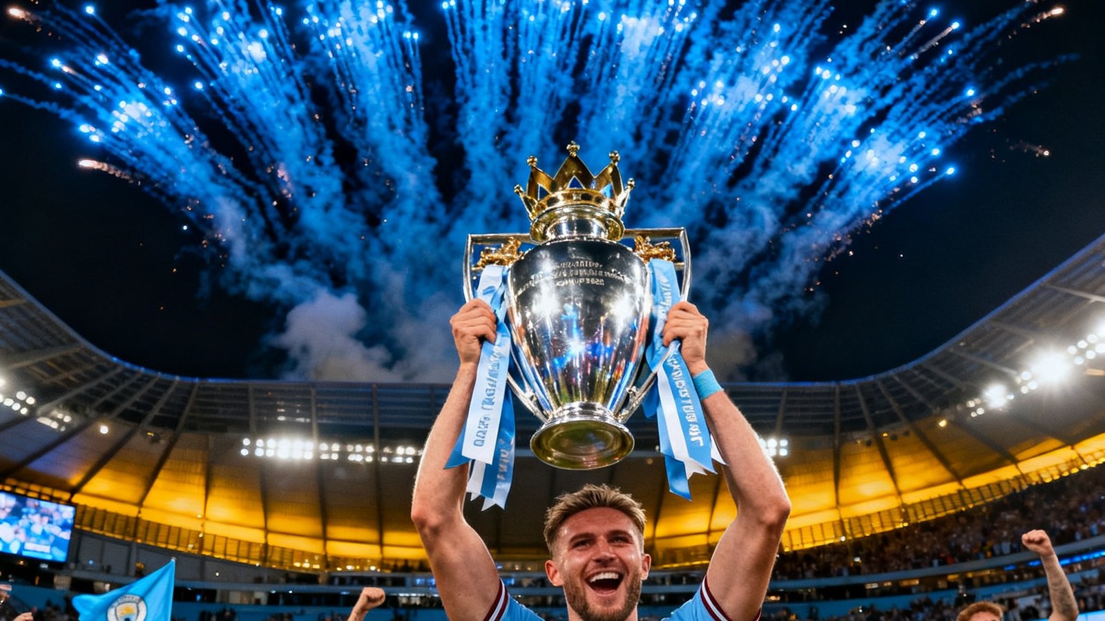 曼城球員在伊蒂哈德球場高舉英超冠軍獎杯慶祝，藍色煙火在夜空中綻放，球迷歡呼雀躍